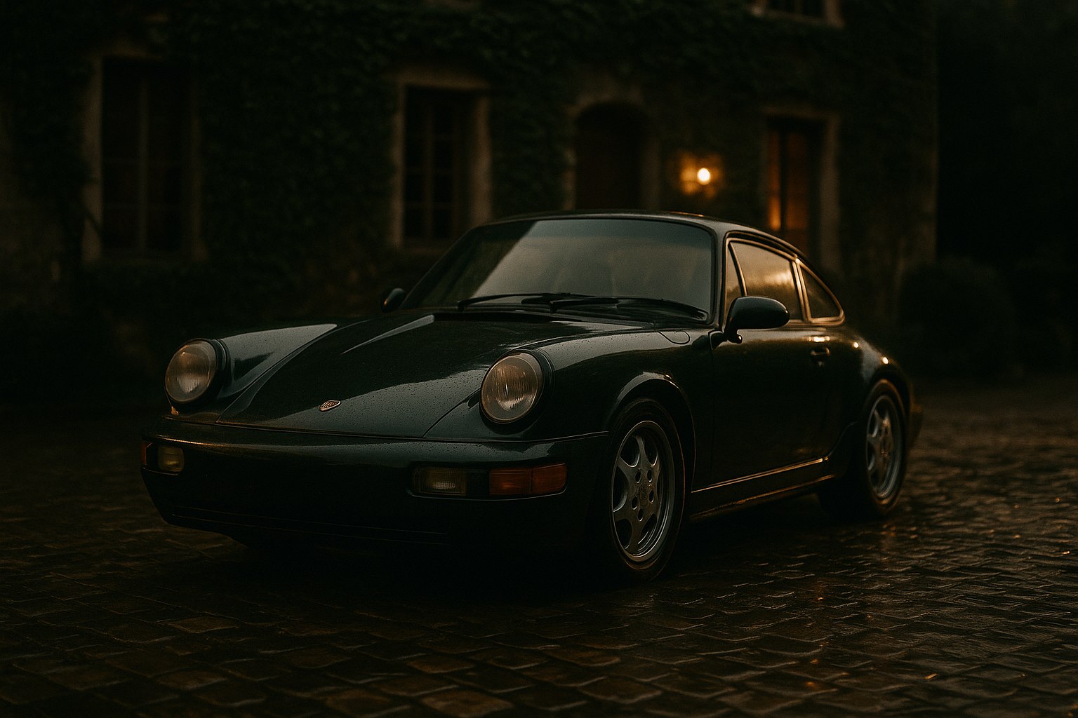 THEMS Group — тёмно-зелёный Porsche 911 на ночной брусчатке